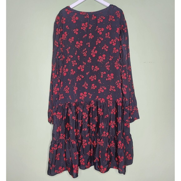 Loft Tiered Peasant Boho Dress Long Sleeve Split V-Neck Black Red Floral XL - Picture 2 of 8